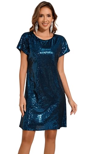 Image of Women's Crewneck Sequin Shift Dress Short Sleeve Casual Holiday Sparkly Party Dress