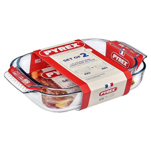 Pyrex Glass Oven Roasters Rectangle Set of 2-3.7L + 2.7L Oven Microwave Freezer and Dishwasher Safe