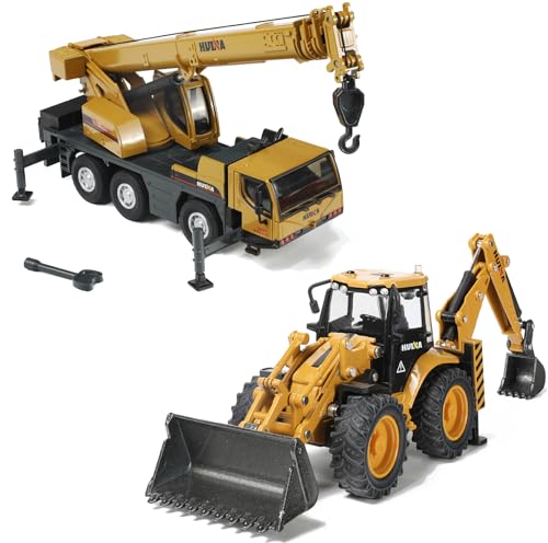 Baxckhoe and Crane Truck Toy Set, 1/50 Metal Heavy Autocrane and Excavator