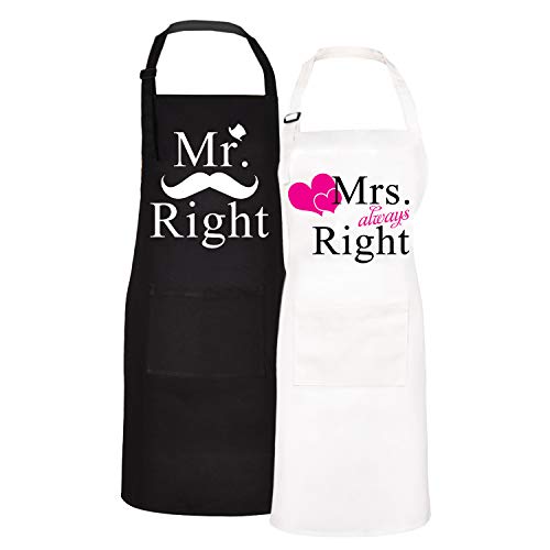 Claswcalor 2 Pack Couple Cooking Aprons with Pockets, Mr. Right and Mrs. Always