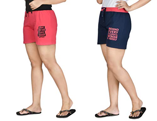 Image of Club A9 Women's Cotton Printed Shorts | Short Pants | Hot Pants (Pack of 2) (XL, Dark Pink, Navy Blue)