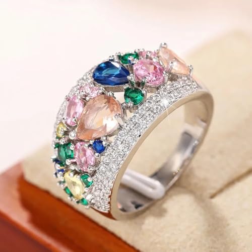 White Gold Plated Multicolor Teardrop-shaped Cubic Zirconia Rainbow Statement Ring Personalized Accessory Ideal for Women's Daily Casual Wear Party Holiday Anniversary Love Jewelry Gift4