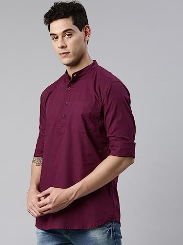 Image of KRYPTIC Men's Full Sleeve Regular Fit Short Kurta in Premium Pure Cotton with Patch Pocket and Mandarin Collar - Perfect Blend of Style and Comfort