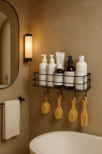 Image of Wall Shelf | GI Steel Self Adhesive Bathroom Organiser with 4 Hooks | No Drill, Black | 28 cm x 10 cm x 6.5 cm