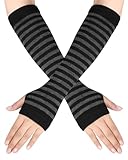 Syhood 1 Pair Women Winter Knitted Long Fingerless Gloves Striped Arm Warmers with Thumb Hole, Stretchy Elbow Length(Black Grey)