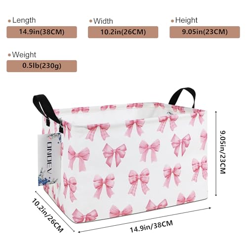 Image of Rectangular Pink Bow Closet Storage Bin, Foldable Clothes Organizer | Moisture-proof premium canvas, reinforced side grips, compact narrow rectangular bin for wardrobe, bedroom, hallway, bathroom