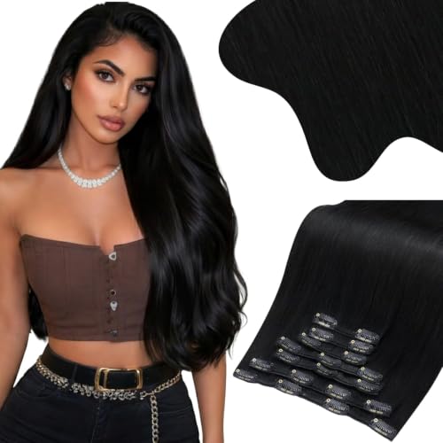 Image of Moresoo Real Hair Extensions Clip ins Human Hair Black Double Weft Clip on Extensions Human Hair Jet Black Remy Clip in Hair Extensions Real Human Hair Full Head Set 7pcs /150g 22inch