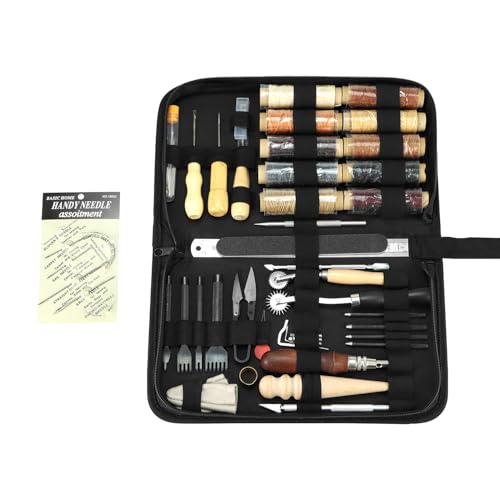 QWORK® 52 Piezas Juego de Costura de Cuero, Juego de Herramientas para Cuero con 10 Colores Hilo Encerado, Herramientas para Perforar Garras, Agujas de Coser y Más para Trabajar el Cuero