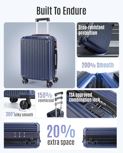 Image of LIGHT FLIGHT Carry On Luggage 22x14x9 Airline Approved, Dark Blue | 22x14x9 Airline Approved, Hard Shell with Wheels, Expandable Hardside, TSA Lock