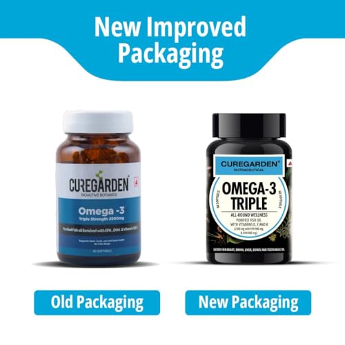Image of Curegarden Omega-3 Fish Oil Capsules 2500mg - Triple Strength with 900mg EPA, 600mg DHA - Vitamin D, E & K - Heart, Brain Health - Boost Immunity, Metabolism & Bone Health - 60 Softgels (Pack of 2)