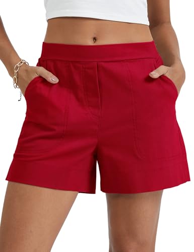Micoson Womens Linen Shorts Casual Comfy Shorts Summer Trendy Mid Waisted Short with Pockets 2026 Red M
