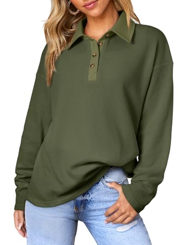Shewin Women'S Polo Shirts Long Sleeve Tops Casual V Neck Collared Shirt Waffle Knit Sweatshirt Lightweight Fall Clothes For Women 2024,Moss Green S cover