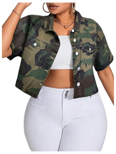 WDIRARA Women's Plus Size Camo Print Crop Denim Jacket Button Down Short Sleeve Jean Coat