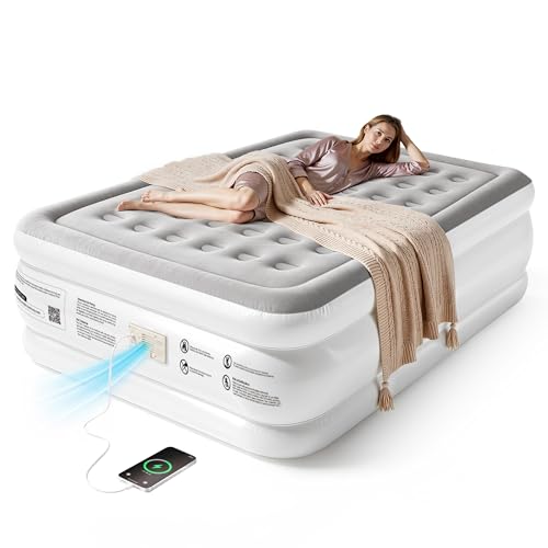 Lopekuty Premium Luftmatratze mit integrierter Pumpe – Automatisches Nachfüllen, 2,5 Min Schnellaufblasen, Weiche Beflockung, Leiser Betrieb, für 2 Personen, Zuhause & Camping