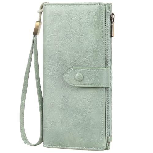 Leather Wallets for Women Long RFID Blocking Wallets Large Capacity Credit Card Holder with Detachable Wide Strap(Light Green)