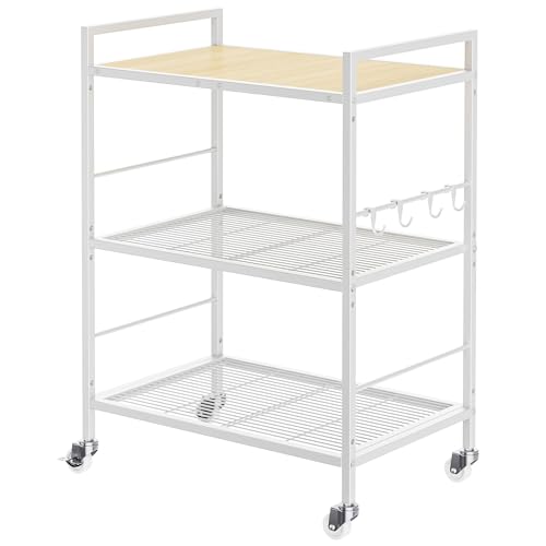 XIVIRACK 3-Tier Metal Storage Rack with Industrial Wheels,Mesh Shelving Unit with Wooden Table top,Adjustable Shelf,23.6-Inch Width,15.8-Inch Depth, for Kitchen, Laundry,Pantry,Plant,white