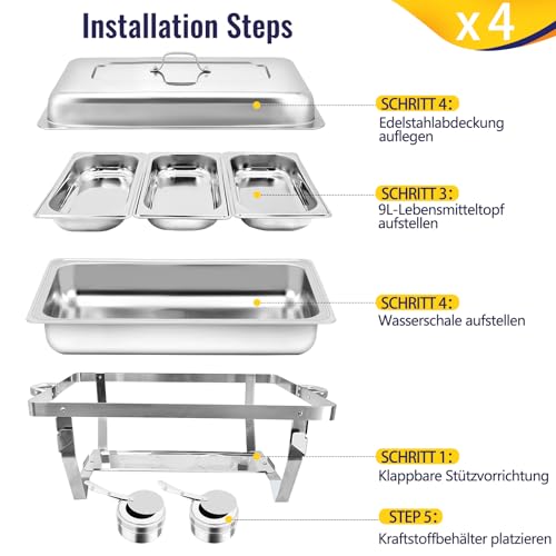 Jacgood Warmhaltebehälter Essen - Erstklassiger Edelstahl Chafing Dish - Warmhaltebehälter für Speisen inkl. Anleitung - Speisenwärmer ideal für Events und Partys (4 Set 1/3 GN -Behälter) – Bild 4