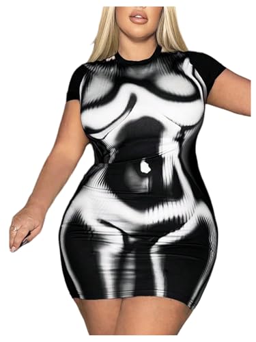 OYOANGLE Womens Plus Size 3D Body Heat Map Print Sexy Concert Outfit Y2K Short Sleeve Bodycon Dress Black 3X-Large Plus