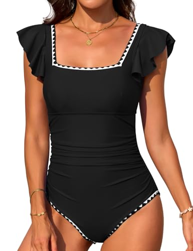 Wiepux Women Tummy Control One Piece Swimsuit Ruffle Square Neck Cutout Back Bathing Suit Shell Stitched Slimming Swimwear(Black M)