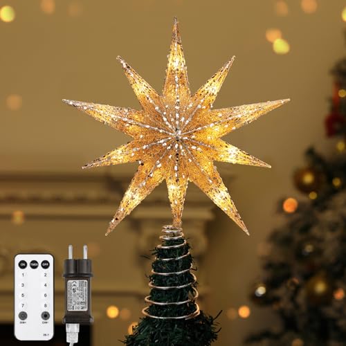 Lewondr Estrella para Árbol de Navidad, 13' Estrella Navideña de 10 Puntas Iluminada con Enchufe y Control Remoto para Decoración Navideña, Temporizador 6H y 8 Modos Iluminación, Luz Cálida, Champán