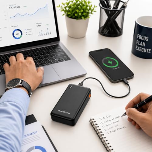 Image of Ambrane 20000mAh Power Bank with 22.5W Fast Charging | 3 Output Ports | Type-C & USB Input | Compact Portable Charger for iPhone, Android Mobile Phone, Tablets, Earbuds, Speakers,smartwatch