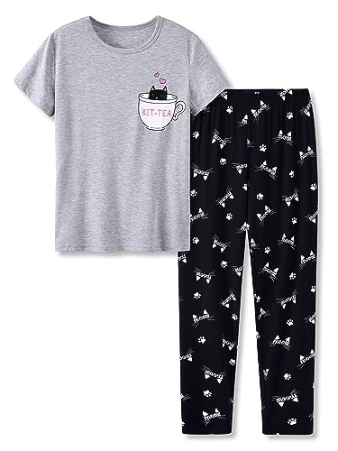 Tebbis Little & Big Girls Striped & Cat Pajama Set - Soft Modal Fiber 2-Piece Summer PJ’s in Sizes 6-18