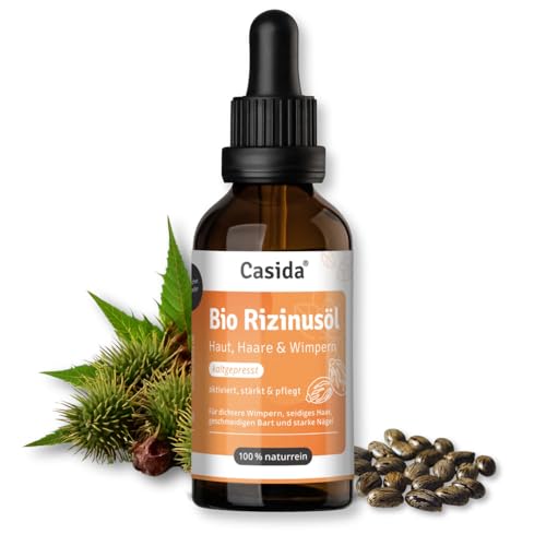 Casida Aceite de ricino orgánico 50 ml – 100% puro, natural, prensado en frío – pestañas, cejas, pelo, barba, uñas, vegano y bienestar animal, aceite de ricino – Botella de cristal + bomba