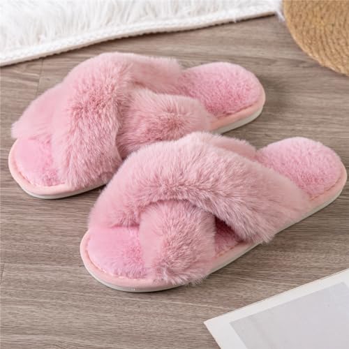 Womens Cross Band Slippers Cozy Furry Fuzzy House Slippers Open Toe Fluffy Indoor Shoes Outdoor Slip on Warm Breathable Anti-skid Sole3
