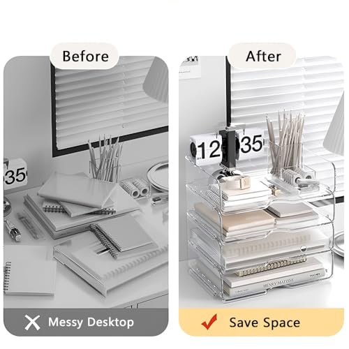 Image of 4-Tier Paper Organizer for Desk, Stackable Desk Organizer Paper Tray, Ideal for Office Supplies,A4 Storage (Clear, 4-Tier Widened)