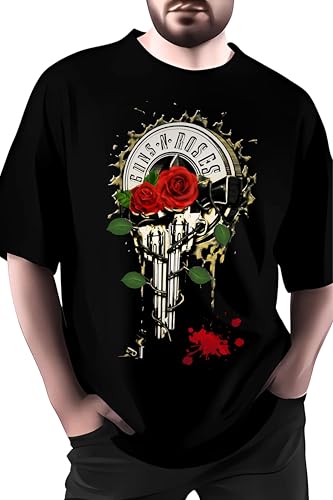 Image of Rock Band Graphic T-Shirt, Black, Oversize Fit, Red Rose and Gun Design