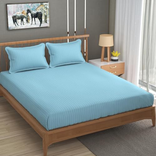 Image of Blue Strip Polycotton Bedsheet, Double 90x100 (Aqua Blue) | Hotel Quality | Soft, Breathable & Colourfast | Wrinkle Resistant | Machine Washable | Pillow Covers Included