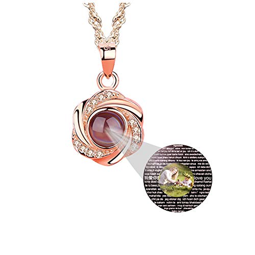 a266XDKSJK Customized Photo Necklace I Love You Necklace 100 Languages Custom Your Lover s Name in The Sterling Silver Projection Necklace (Rose Gold Full Color 22)