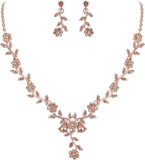 STAYOUNGNecklace Earrings Set for Women - Bridal Necklace Dangle Earrings Jewelry for Brides Bridesmaid Prom(3PCS Set,Rose Golden)