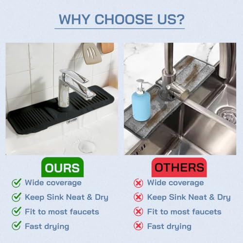 Image of Silicone Faucet Handle Drip Catcher Tray - Self-Draining Kitchen Sink Splash Guard with Adjustable Coil Opening - Sink Faucet Mat with Cleaning Towel (Black)