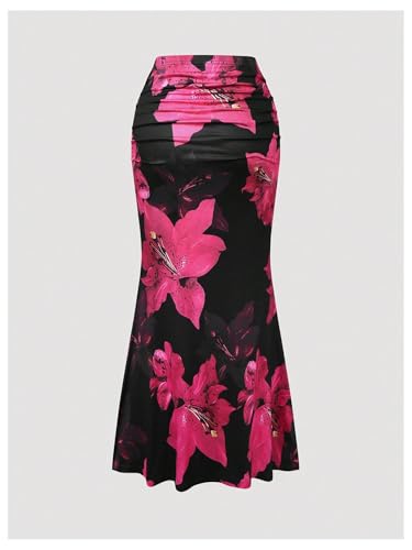 SHENHE Women's Plus Size Y2k Floral Maxi Fishtail Skirt Ruched Bodycon High Waist Elegant Skirt2