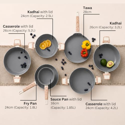Image of Kreme Ceracook Ceramic Coated, Granite 13 Pc Cookware Set 2X Spatulas, ISI Certified Cookware Set, Forged, Gas & Induction Use, Non Toxic PFAS & PTFE Free, 1 Year Warranty, Olive Green