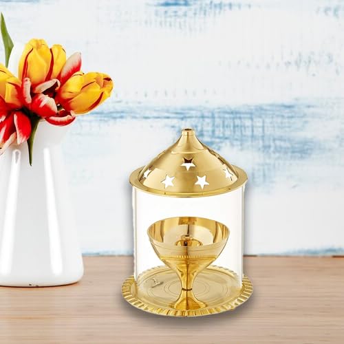HICKORY Brass Akhand Jyoti Diya for Puja with Adjustable Bati & Borosilicate Glass Cover - Diwali Decor for Pooja, Lamp with Wick Holder & Gold Lid for Jyoti Lighting in Bedroom & Mandir-image-7