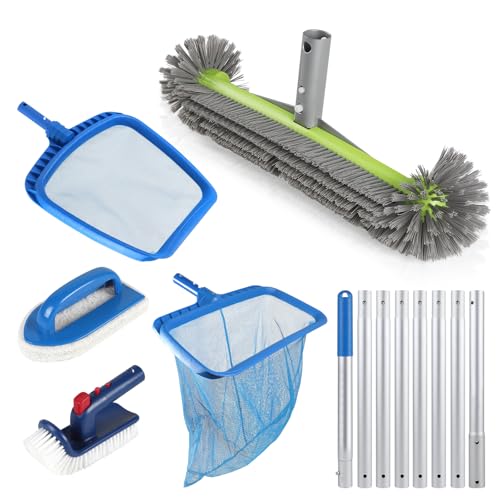 EFUTURETIME 6 Pièces Kit de Nettoyage pour Piscine, 43cm Brosse Piscine Ronde avec 2,7m Manche Telescopique Aluminium, Epuisette Piscine Epuisette de Surface,...