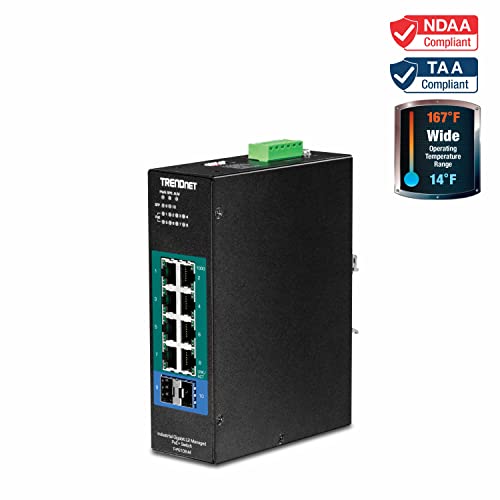 Image of TRENDnet 10-Port Industrial Gigabit L2 Managed PoE+ DIN-Rail Switch,8X Gigabit PoE+ Ports,2X SFP Slots,24 - 57V DC Power Input,IP30, VLAN, QoS,LACP,STP /RSTP, Bandwidth Management, Black, TI-PG102i-M