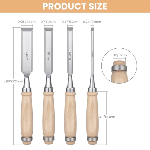 Image of Serplex Wood Craft Chisel Set For Wood Craft, 4pcs Multi-Size Bevel-Edge | Craft Chisels With Wooden Handle And Chrome Vanadium Steel Construction For Trimming, Shaping, Detailing Tasks Duties