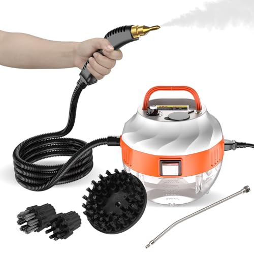DISHENGZHEN Steam Cleaner 2500W, High Temperature Pressurized Steam Cleaning Machinewith 3 Brush Heads, Handheld Steam Cleaner Multi Purpose Steamer for Kitchen Furniture Bathroom Car Orange White