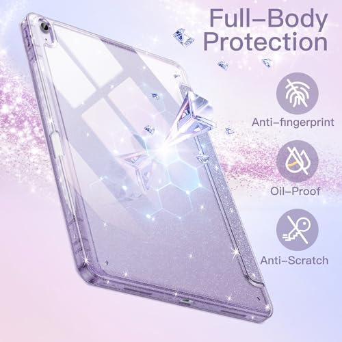 JETech iPad Air 11インチ M3/M2 (2025/2024)、iPad Air 5/4 (2022/2020モデル、第5/4世代)用 グリッターケース Pencilホルダー付き キラキラかわいい スリムカバー 子供や女の子向け 光沢のあるクリアバックシェル (パープル)