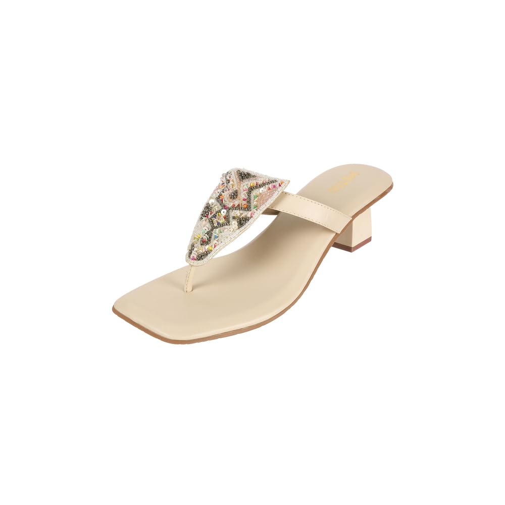 metro Women's Faux Leather Beaded Embellished Block Heel Thong Slippers-picture-28