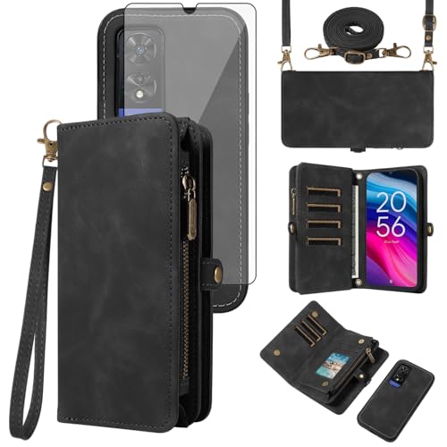 Étui TCL 505 Asuwish avec fermeture éclair et portefeuille amovible en TPU