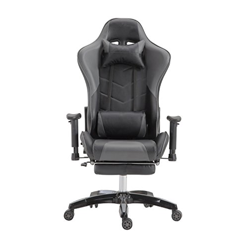 LZQ Racing Sportsitz Gamingstuhl Bürostuhl mit Fußstützen, PU Kunstleder Bürodrehstuhl, Chefsessel Schreibtischstuhl Drehstuhl mit Armlehnen, Wippfunktion und Höhenverstellbar (Grau-Schwarz) - 6
