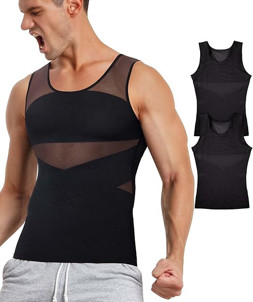 KUMAYES 2 Pack Camisa de compresión Hombre Camiseta Reductora Invisible (FR/ES, Letras, 4XL, Regular, Regular, Negro + Negro)