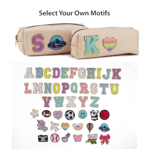 Image of AICA Gifts Personalized Leather Pencil Pouch (Cream) with Embroidered Alphabet & Patch | Pencil Pouch for Kids | Birthday Gift | Birthday Return Gift |Gift for Kids Age 6-10