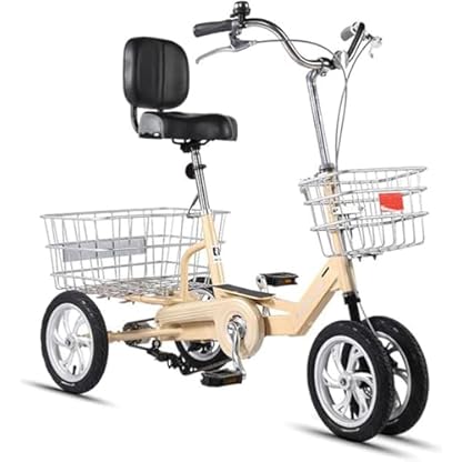 12-Zoll-Dreirad für Erwachsene mit hinterem Korb, dreirädriges Cruiser-Fahrrad, Rahmen aus Aluminiumlegierung mit rutschfestem Profildesign für Senioren, Frauen, Männer, Picknick (Beige)