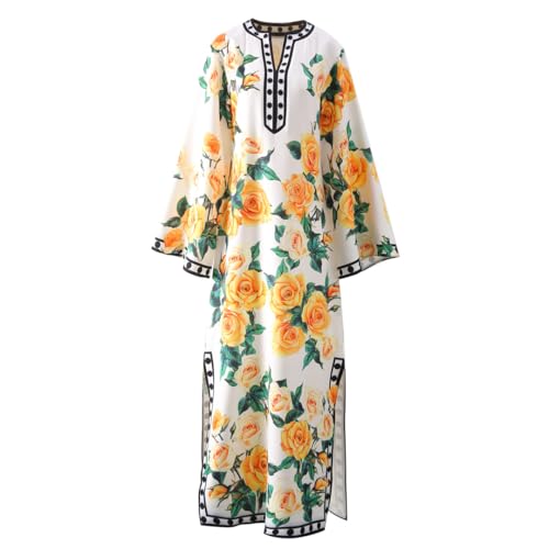 Wvapzxx Spring Summer Women Floral Print Maxi Dress Loose V-Neck Robe Casual Beach Party Dress