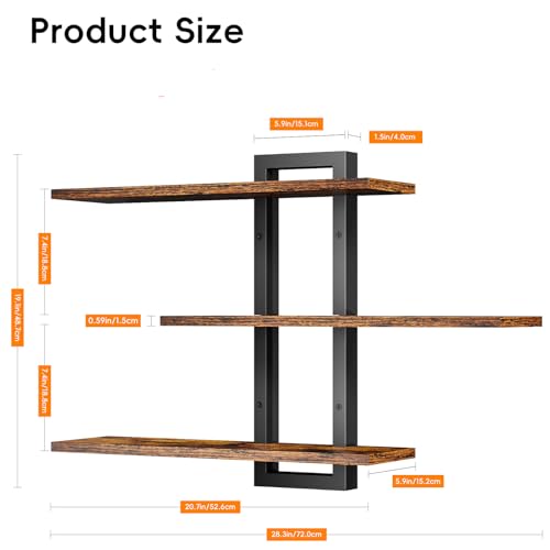 Image of Homode Floating Shelves for Wall, Wood Wall Shelves for Bathroom, 3 Tier Shelves for Wall Decor, Decorative Hanging Storage Shelf for Bedroom Kitchen Living Room, Rustic Brown and Black